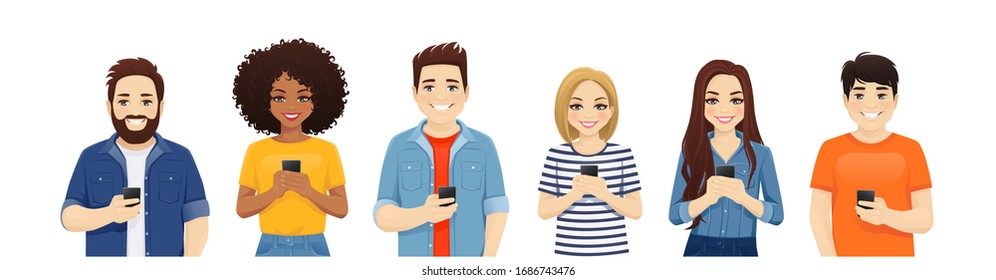 Multiethnic beautiful young people in casual clothes with gadgets. Asian, african and caucasian students use mobile phones isolated vector illustration