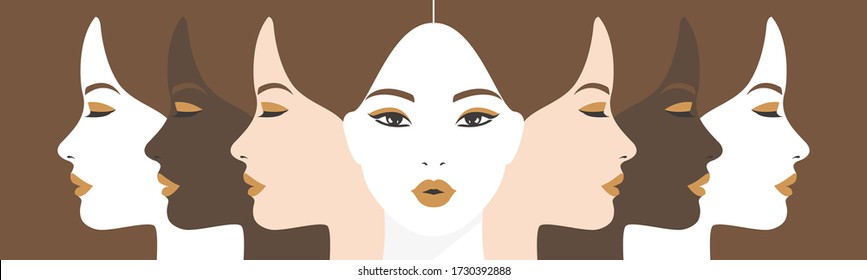 Multi-ethnic beauty. Different ethnicity: African, Asian,  European, Latin American, Arab. Different nationalities, cultures. International Women's Day card. Trendy poster, web banner, header.