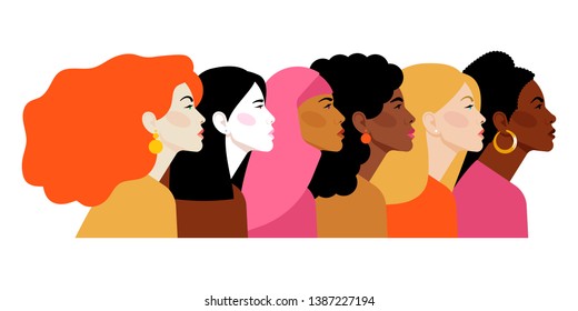 Multi-ethnic beauty. Different ethnicity women: African, Asian, Chinese, European, Latin American, Arab. Women different nationalities and cultures. The struggle for rights, independence, equality.