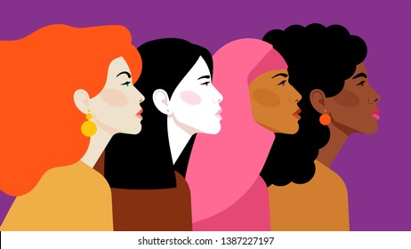 Multi-ethnic beauty. Different ethnicity women: African, Asian, Chinese, European, Latin American, Arab. Women different nationalities and cultures. The struggle for rights, independence, equality.