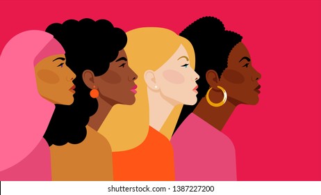 Multi-ethnic beauty. Different ethnicity women: African, Asian, Chinese, European, Latin American, Arab. Women different nationalities and cultures. The struggle for rights, independence, equality.