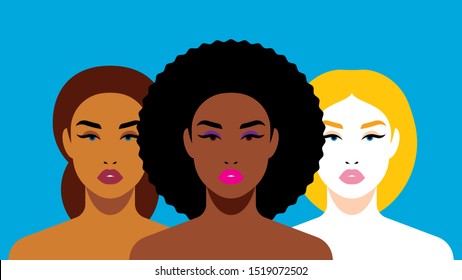 Multi-ethnic beauty. Different ethnicity women: African, European, Latin American. Women different nationalities and cultures. The struggle for rights, independence, equality.