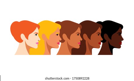 Belleza multiétnica. Mujeres de diferentes etnias: Africano, asiático, chino, europeo, latinoamericano, árabe. Las mujeres tienen diferentes nacionalidades y culturas. La lucha por los derechos, la independencia, la igualdad.