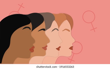 Belleza multiétnica. Diferentes etnias: caucásicas, africanas, asiáticas e indias. Día Internacional de la Mujer 