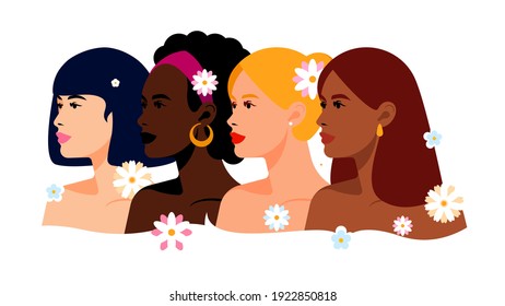 Multi-ethnic beauty. Different ethnicity women: African, Asian, European, Latin American. Women different nationalities and cultures. Decorative flowers. Struggle for rights, independence, equality.