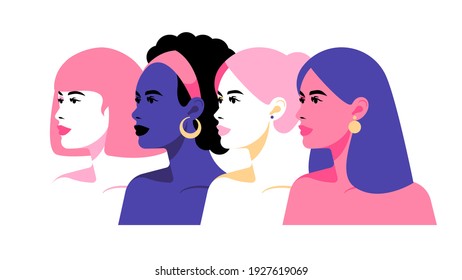 Multi-ethnic beauty. Different ethnicity women together. Women different nationalities and cultures. Bright colors: purple, pink, violet.  Struggle for rights, independence, equality.