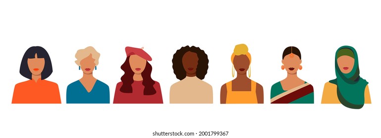 Multi-ethnic beauty. Different ethnicity women: African, Asian, Chinese, European, Latin American, Arab. Women different nationalities and cultures. The struggle for rights, independence, equality.