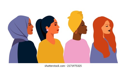 Multi-ethnic beauty. Different ethnicity women: African, Asian, Chinese, European, Latin American, Arab. Women different nationalities and cultures. The struggle for rights, independence, equality.