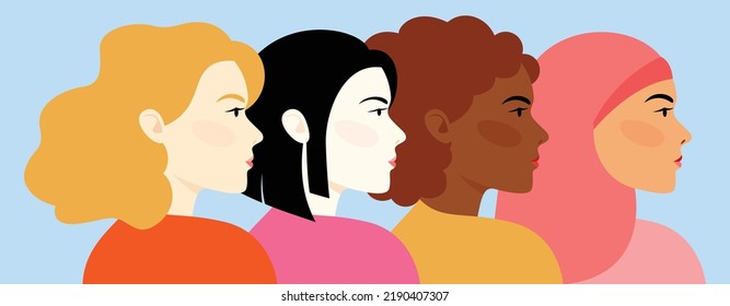 Multi-ethnic beauty. Different ethnicity women: African, Asian, Chinese, European, Latin American, Arab. Women different nationalities and cultures. The struggle for rights, independence, equality.