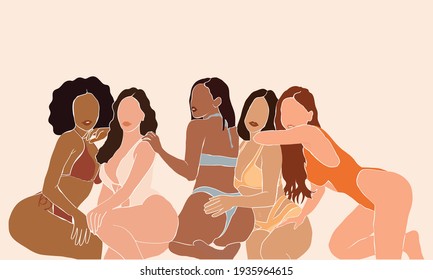 Multi-ethnic beauty. Group of abstract women of different race in swimsuits standing together and laughing against pastel background. Body positive. Flat vector illustration.