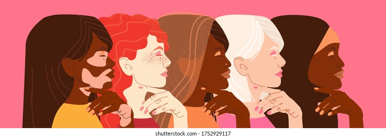 Multi-ethnic beauty.African,Indian,European,Latin American,Arab.Women of different nationalities and cultures.Concept of womens empowerment,self-esteem and gender equality.Vector illustration.