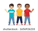 Multiethnic boy friends. Three different male kid faces. Asian, african and caucasian standing isolated vector illustration