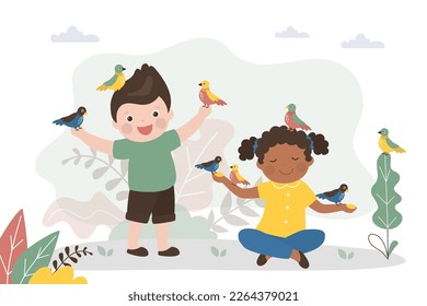 Multiethnic boy and girl feeds birds. Various birds perched on hands and head preschool children. Delicious and healthy food for pets or wild animals. Flat vector illustration