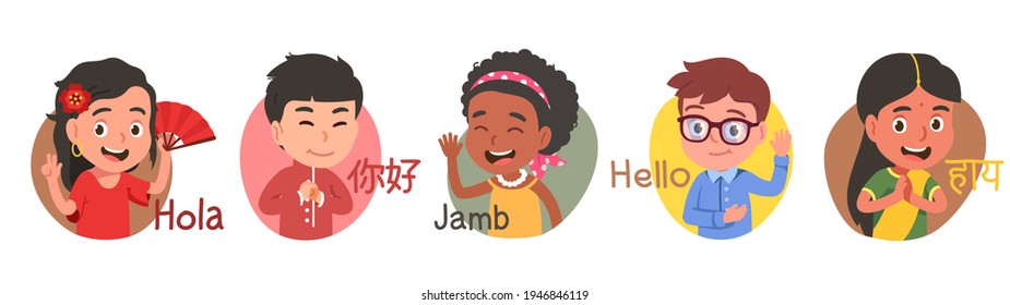 Multiethnic boys, girls kids say hello in different languages. Diverse people in national costumes show greeting gestures, wave hands. International friendship set. Flat vector character illustration