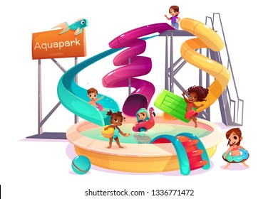 Multiethnic boys and girls sliding form water slide, swimming with inflatable ring, playing and having fun in pool cartoon vector isolated on white background. Children in amusement park attractions