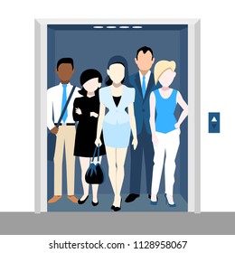 
Multiethnic busines people in open elevator with diferent standing poses and blue palette outfits.