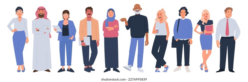 Multiethnic business people collection. Men and women of different ages and races in office attire on a white background. Vector illustration in flat style