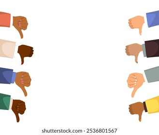 Multiethnic business people hands making thumbs up vector illustration. Collective sentiment of disapproval or dissent concept