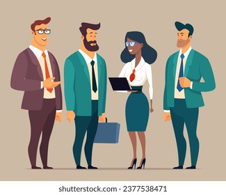 Multiethnic business team vector illustration. Cartoon drawing of office workers in classic outfit with laptop and briefcase. Colleagues, team, business concept.