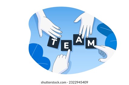 Multi-Ethnien-Geschäftsteam arbeitet zusammen, um ein Teamwort zusammenzustellen. Teamkonzept. Moderner, flacher Stil. Einzeln auf weißem Hintergrund. Vektorgrafik