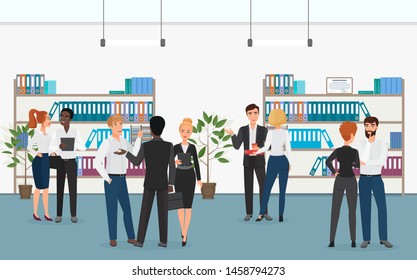 Multiethnic businessmen and businesswomen talking with each other while standing near shelves with folders in office vector illustration.