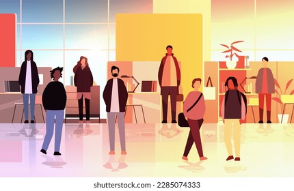 multiethnic businesspeople group mix race men women workers crowd in modern office horizontal