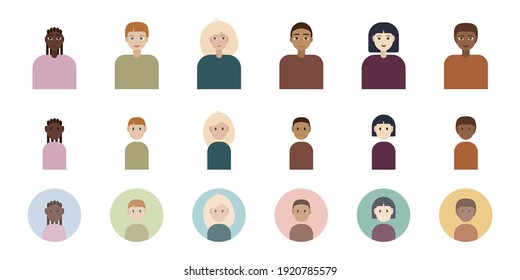 Multiethnic characters. Set of avatars in 3 variations of 6 different persons. Responsive profile picture icons.