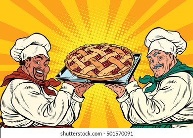 multi-ethnic chefs with berry pie, pop art retro vector illustration