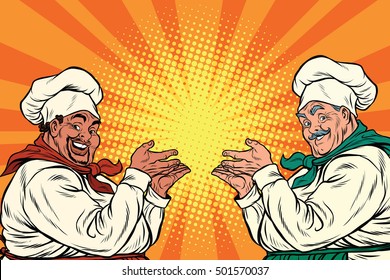 chefs multiétnicos en la pose de un promotor, ilustración retro de arte pop vectorial