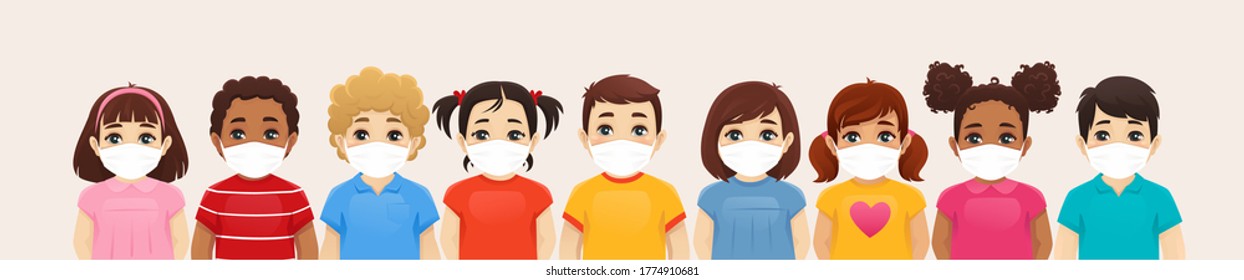 Multiethnic children boys and girls wearing medical face mask as protection against transmissible infectious diseases, flu and air pollution vector illustration.