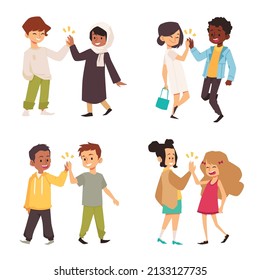 Multiethnic children friends give high five greeting. Friendly diverse kids greeting each other, flat cartoon vector illustration isolated on white background.