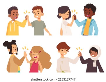 Multiethnic children groups give high five greeting gesture. Diverse multiracial kids characters set, flat cartoon vector illustration isolated on white background.