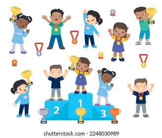 Multi-ethnic children with medals and trophies, Victory stand, Sports pedestal, Medalists kids standing on competition winner podium clip art, Kawaii style flat illustrations