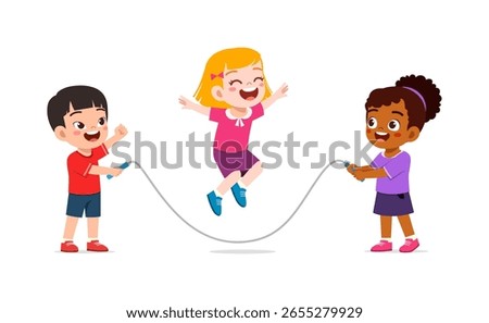 Multiethnic Children Play Jumping Rope Together and Smiling on White Background Illustration