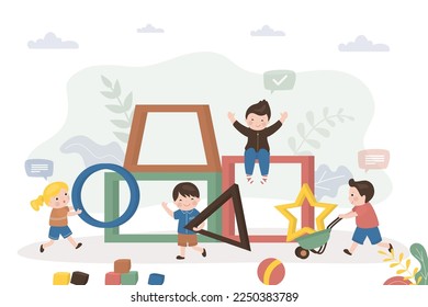 Multiethnic children playing geometric shapes. Cute students learning, back to school. Preschoolers learn shapes, math lessons. Elementary education, kindergarten education. Vector illustration