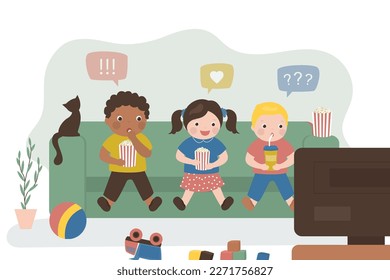 Multiethnic children sit on sofa in the room and watch tv. Friends eat popcorn and drinks. Entertainment, happy kids watching their favorite movie or TV series. flat vector illustration