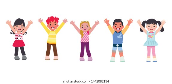 Multi-ethnic children Standing together, raising hands, expressing joy and happiness vector