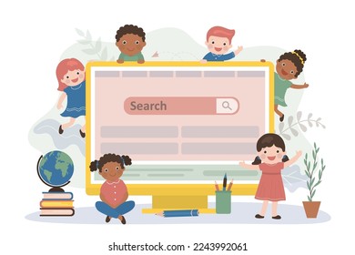 Multiethnic children students around large monitor. Search bar on display. Internet search technology. Learning with the help of internet and online information. Teamwork, school tasks. Flat vector