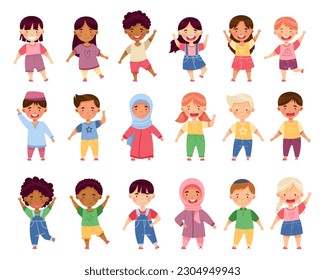 Niños multiétnicos ondeando las manos y sonriente juego de grandes vectores