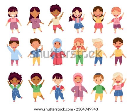 Multiethnic Children Waving Hands and Smiling Big Vector Set
