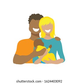 Multiethnic couple with child. Happy family concept. Vector illustration. Flat design element for banner, leaflet, sticker, booklet.