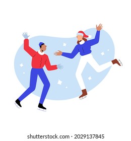 Multiethnic couple ice skating together, young woman and man on ice rink wearing racing skates and christmas hats, outdoors activities during winter holidays, vector cartoon illustration