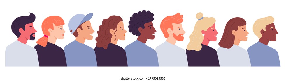 Retrato de perfil multiétnico de la multitud. Perfil de grupo de público vector, ilustración de la sociedad de retrato multicultural