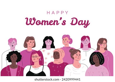 Una multitud multiétnica de varias mujeres, con la inscripción Feliz Día de la Mujer por encima. Diseño de postales para el 8 de marzo.