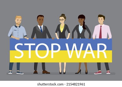 Multiethnic demonstrators holds ukrainian flag with text- stop war. Protest against military action and militarization. People want peace, stop russian invasion. Flat Vector illustration