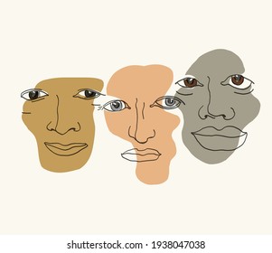 Vielfältige ethnische Gesichter. Verschiedene ethnische Männer - Kaukasier, Afrikaner, Asiaten. Vektorgrafik