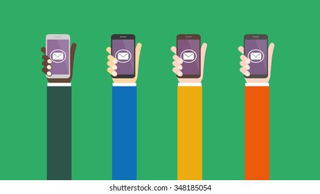 Multiethnic , different national hands of business people with mobile phones , which unites mail application .