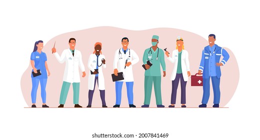 Multiethnic diverse doctor team medical staff portrait. Multiracial physician, nurse and surgeon community group in uniform standing together showing medic cooperation and teamwork vector illustration