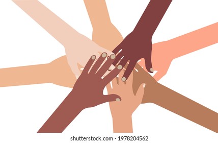 Multi-ethnic Diverse Hands Putting Together, Isolated on White Background. Vector Illustration