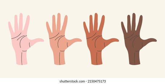 Multi-ethnic and diverse hands raised up isolated on white background. Flat design, hand drawn cartoon, vector.